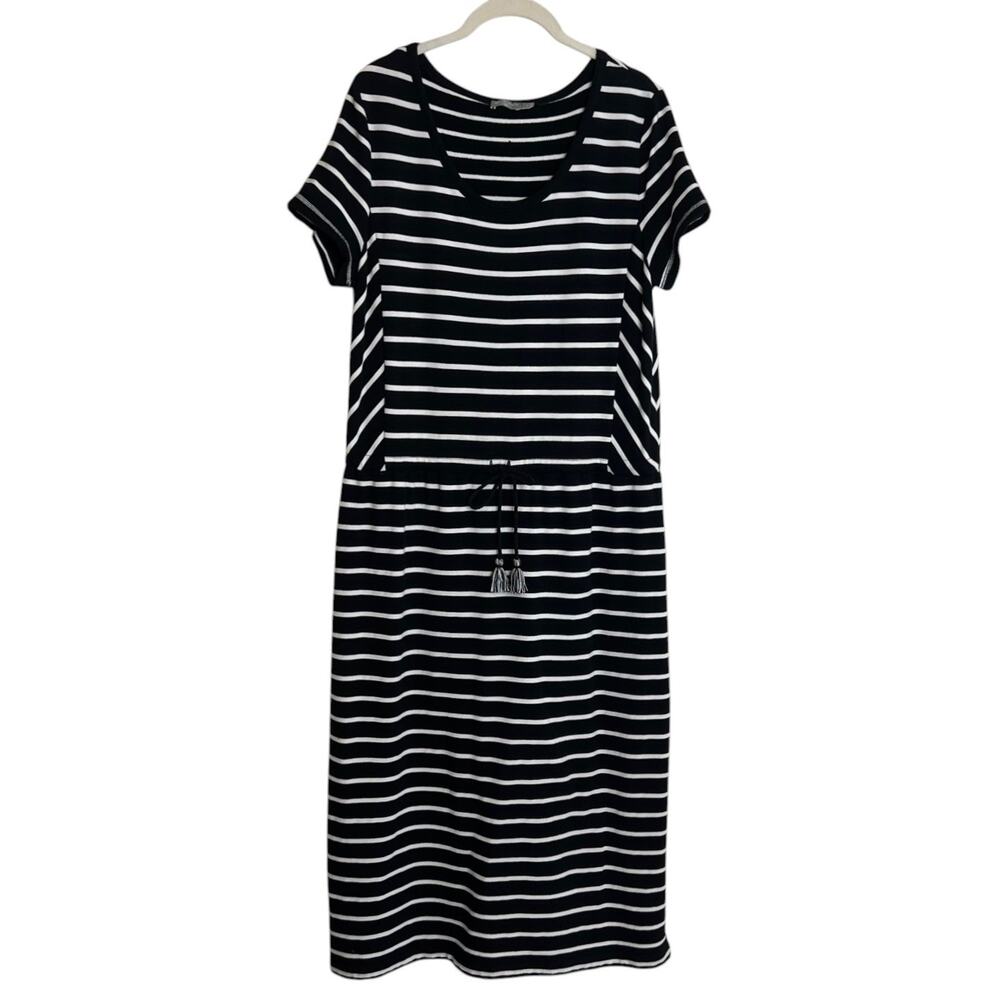 T by Talbots Womens Striped Midi Dress Petite Large Black White Drawstring